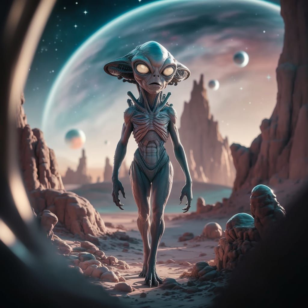 Alien Stroll on Home Planet with Celestial Backdrop