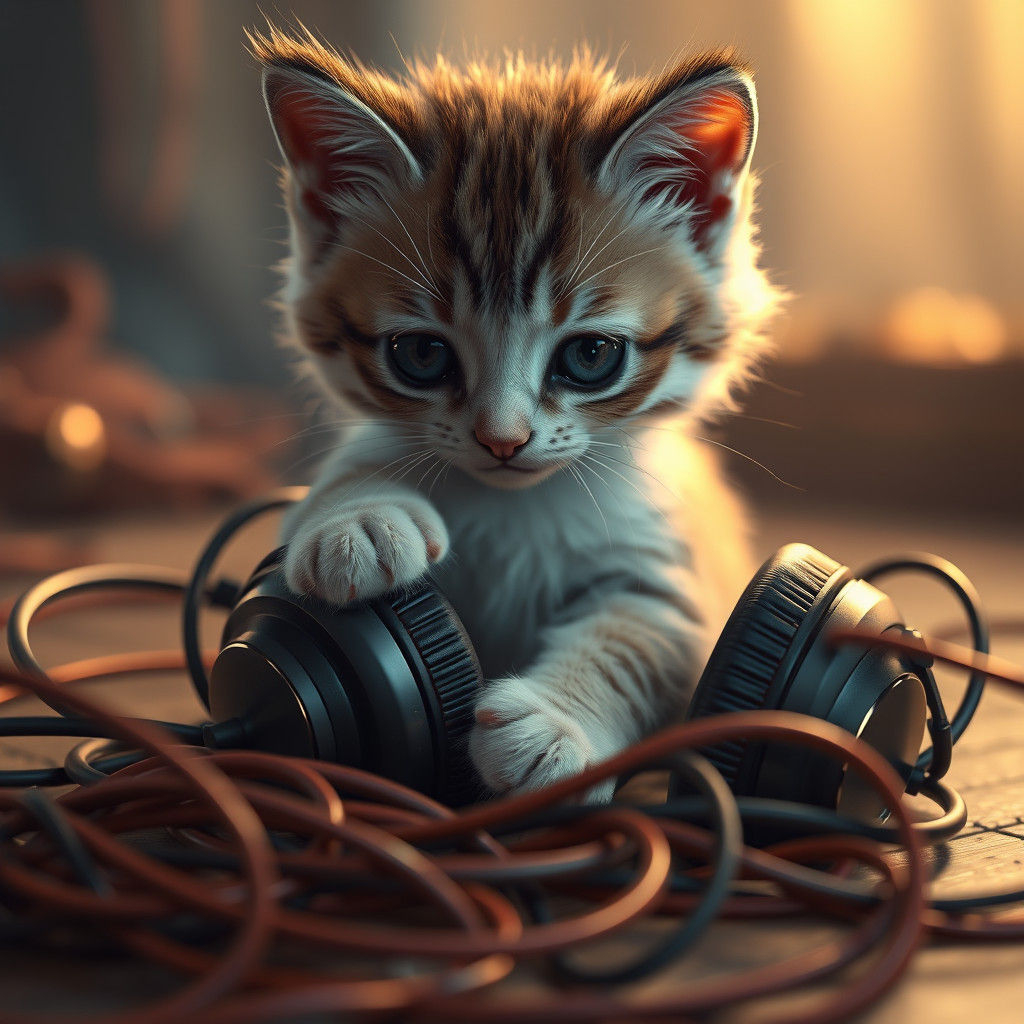 Fluffy Kitten's Headphone Adventure: Dreamlike Fantasy Art