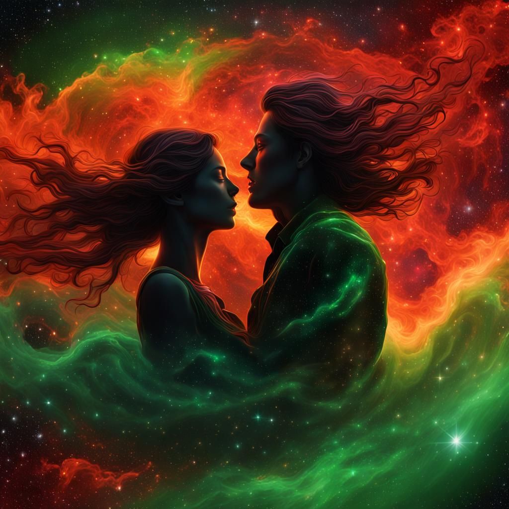 Lovers' Embrace in Fiery Cosmic Dance