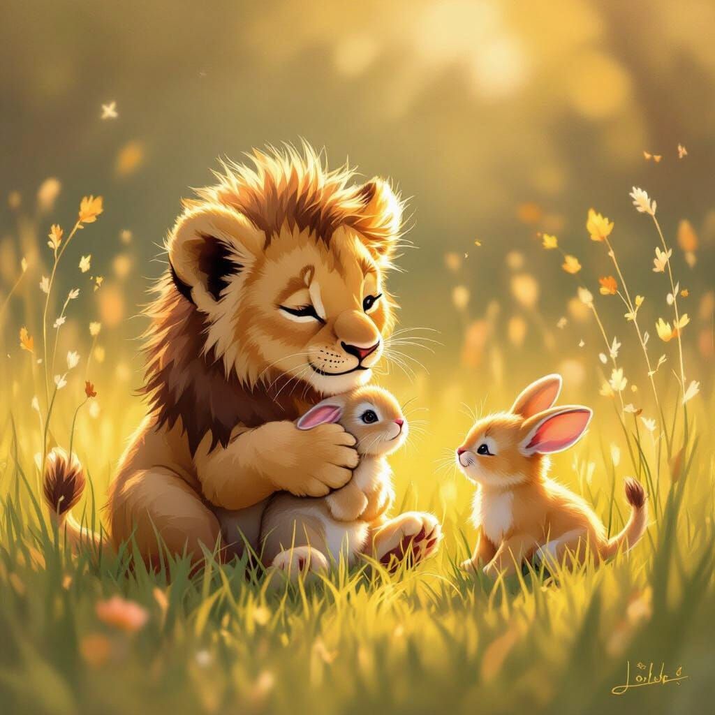 Lion Cub Protecting Bunny in Whimsical Style