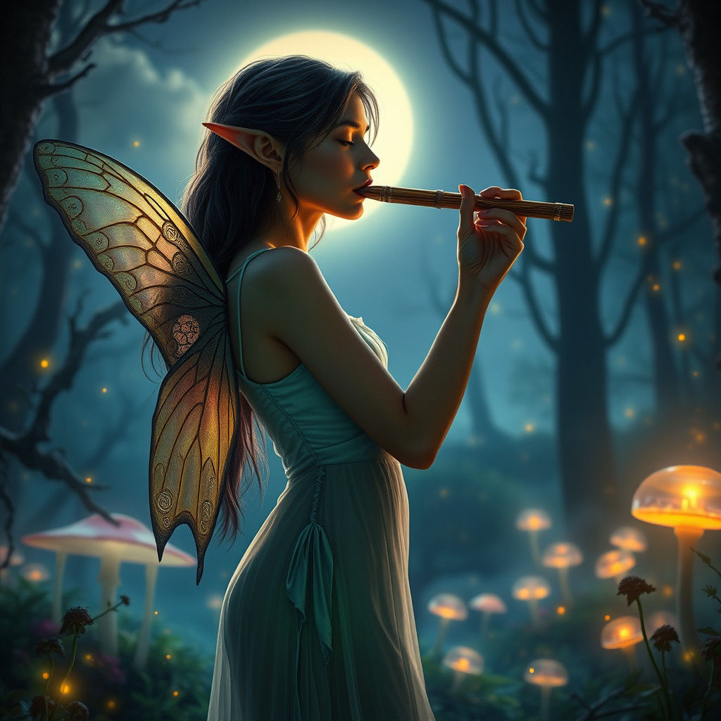 Elf Woman in Moonlit Forest with Flute