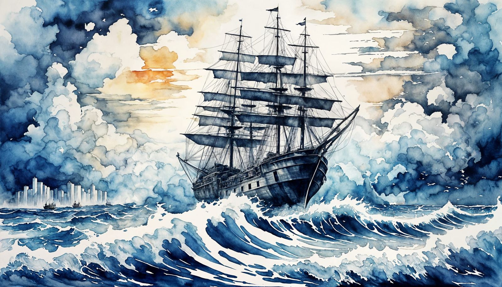 Surreal Gingham Seascape in Ink and Watercolor Style