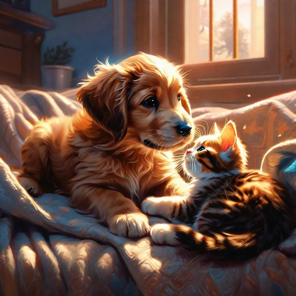 Puppy and Kitten Doodle in Cozy Ink Art