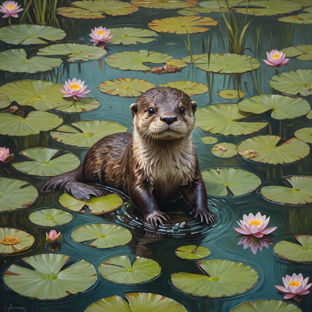 Baby Otter with Water Lily, Oil Painting Style