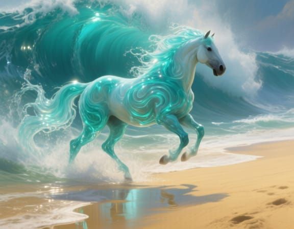 Water Horse Gallops From Ocean Wave Onto Beach