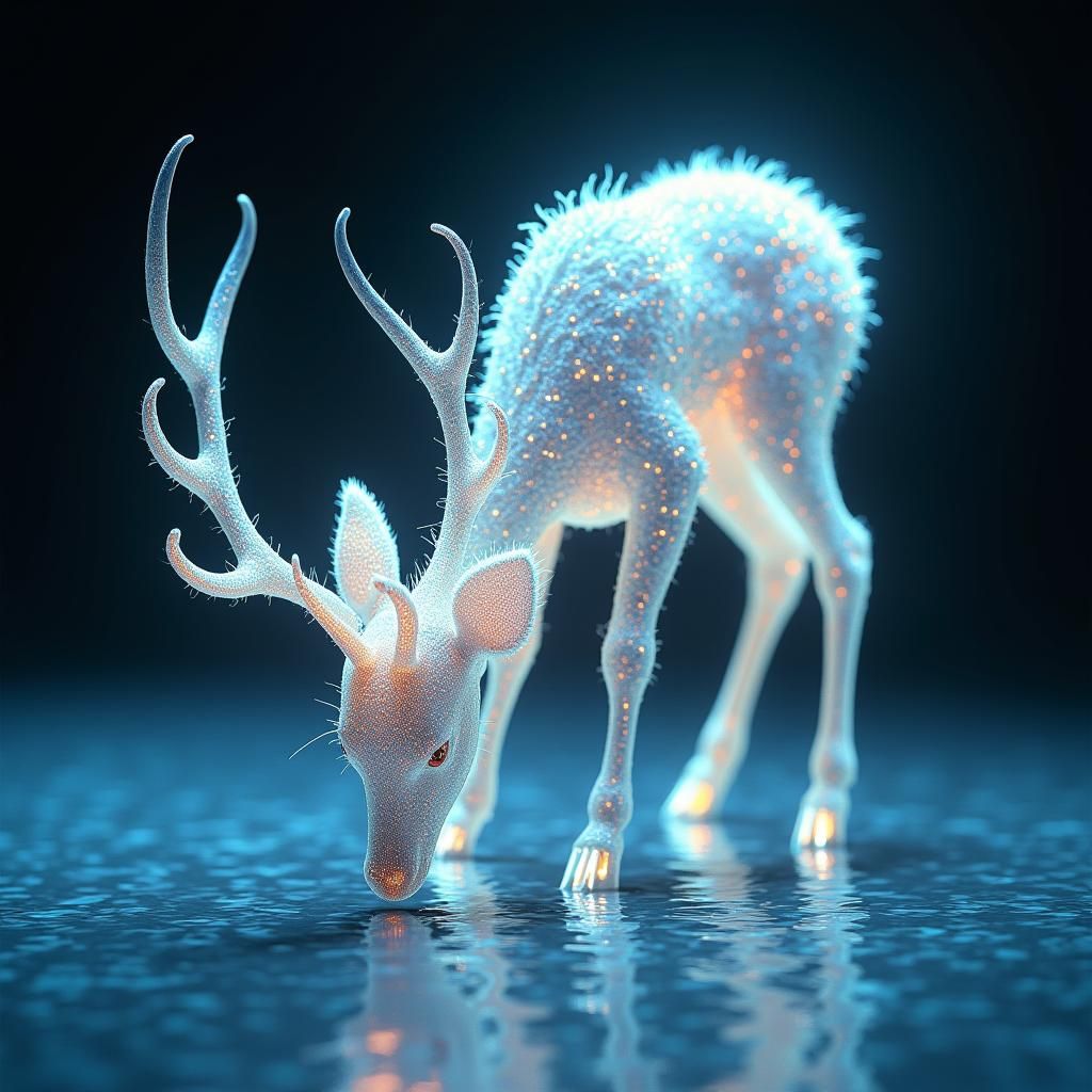 Ethereal Luminous Deer Drinking in Fractal Landscape