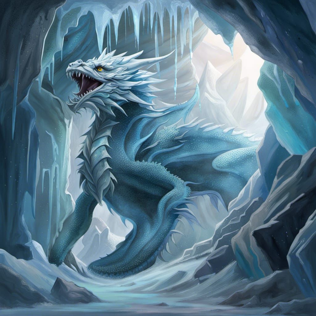 Ice Dragon in Icy Cave: Hyperrealistic Concept Art