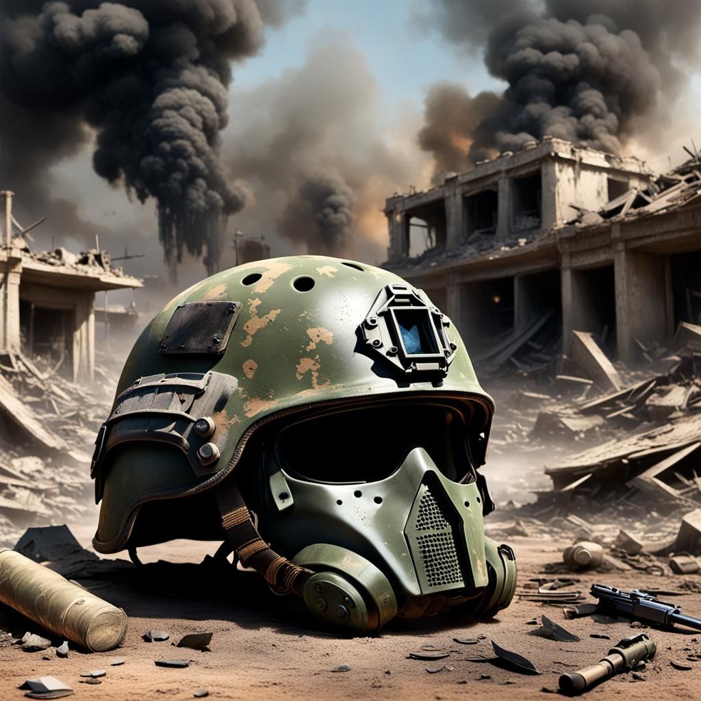 War-Torn Helmet Amidst Battlefield Ruins