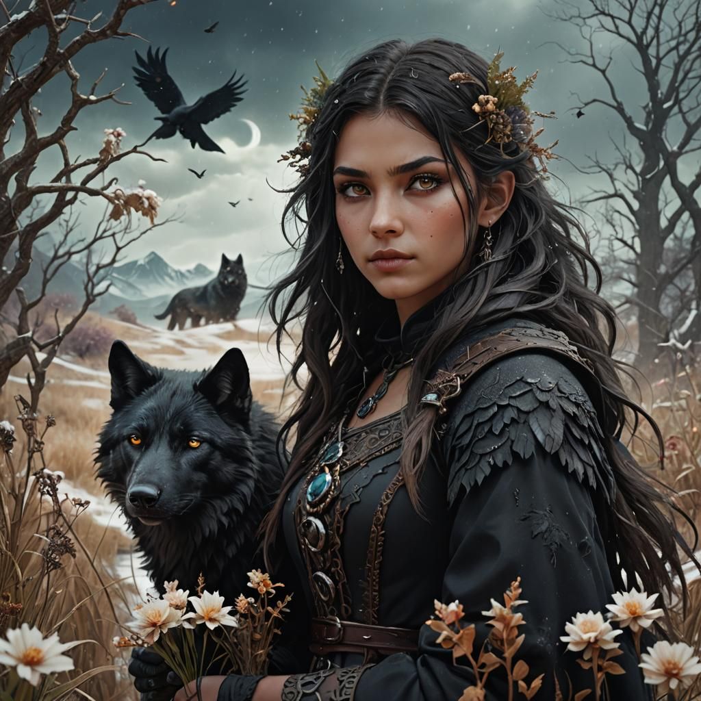 Witch and Wolf on Alien Planet, Detailed Digital Art