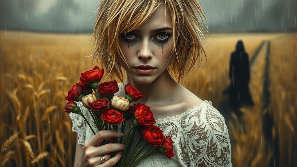 Sorrowful Blonde in Stormy Field: Gothic Expressionism