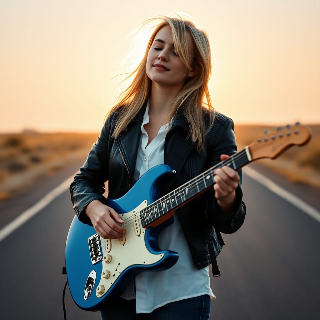 Blonde Woman Plays Guitar in Cinematic Light