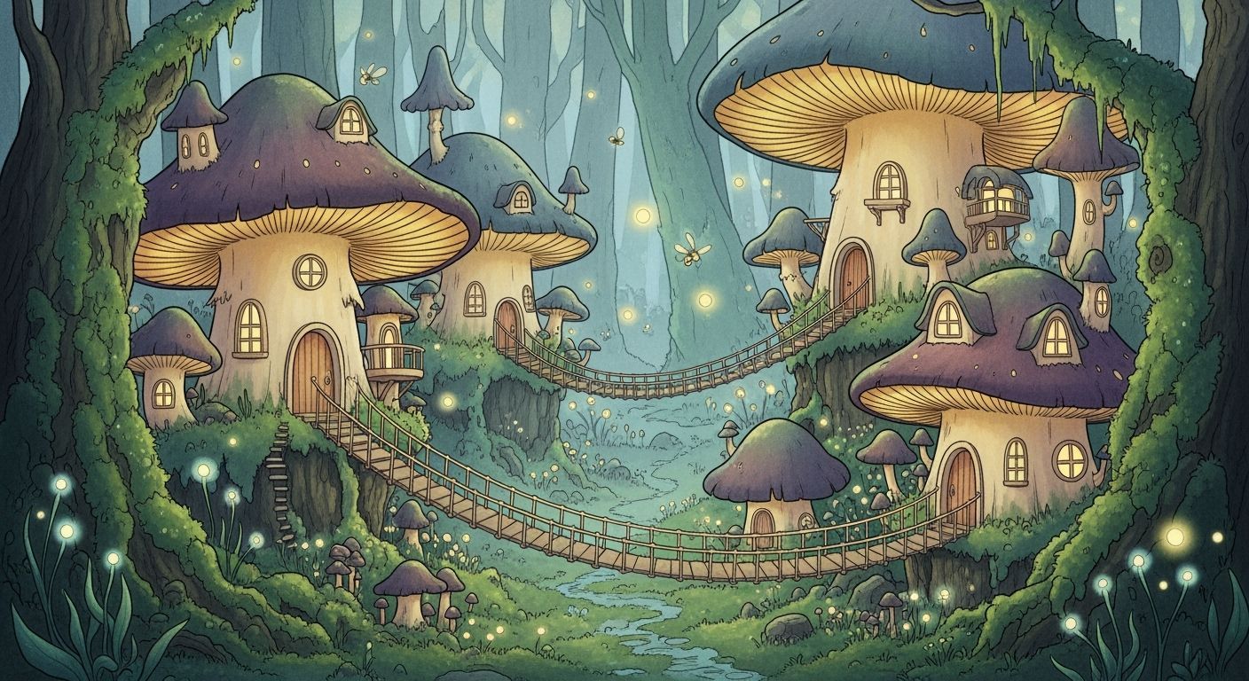 Enchanted Mushroom Village in Watercolor Fantasy Style