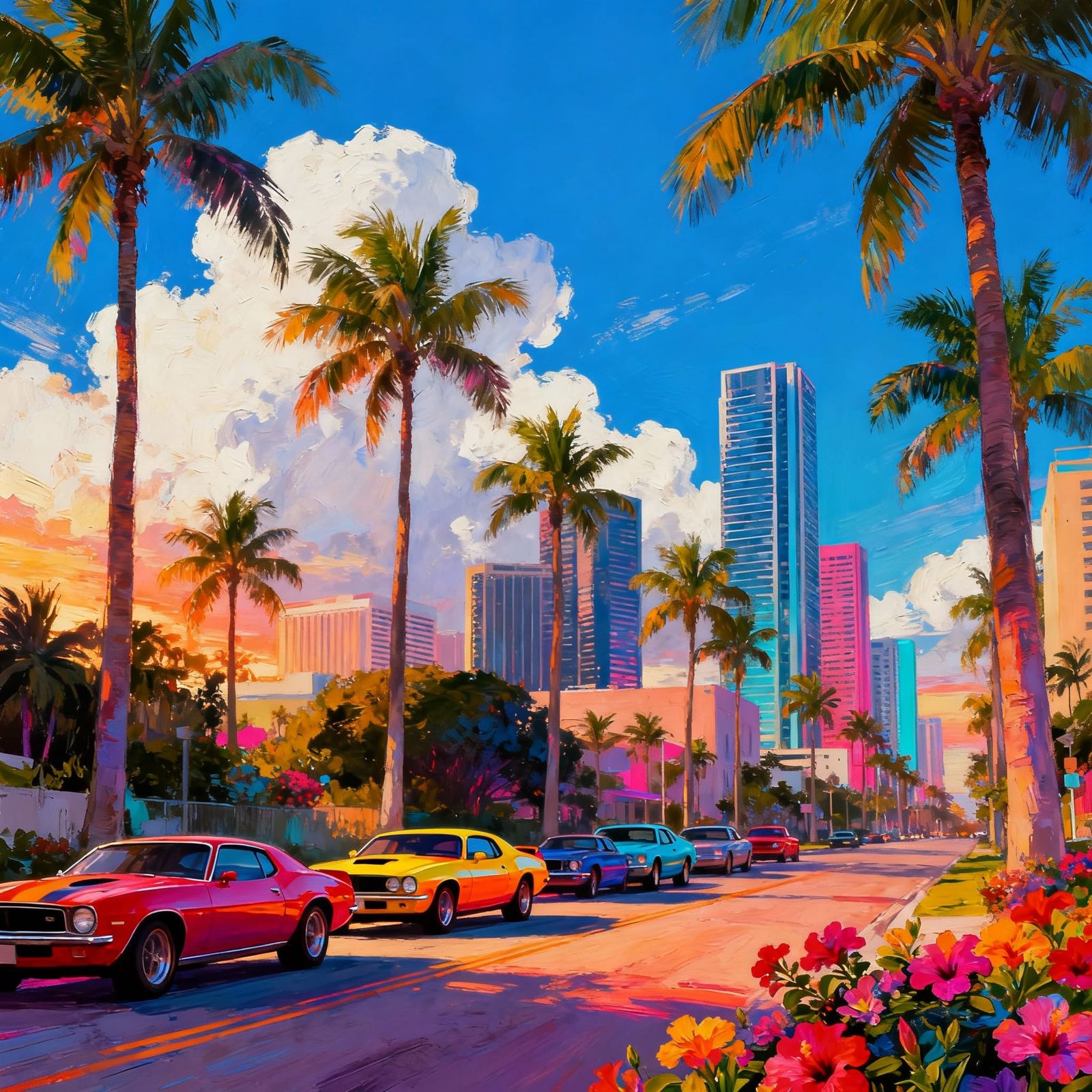 Tropical Street Scene with Muscle Cars and Skyscrapers