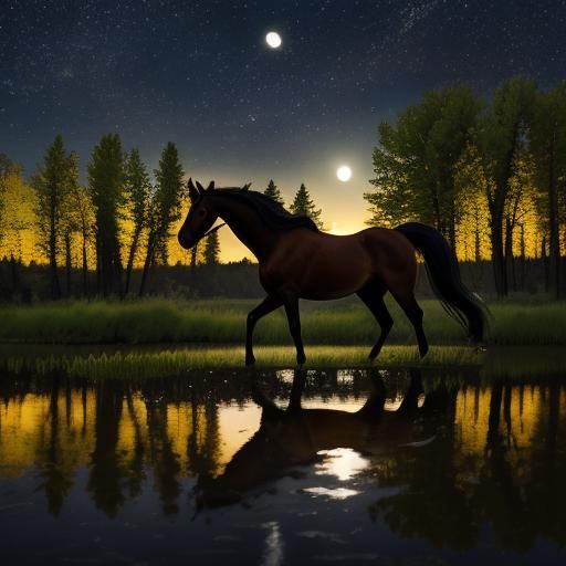 Chestnut Horse Drinking at Moonlit Pond in Montana