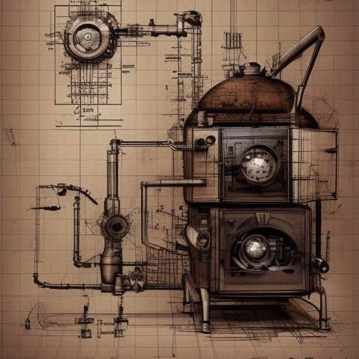 Steampunk Oven Schematics in Leonardo da Vinci Style