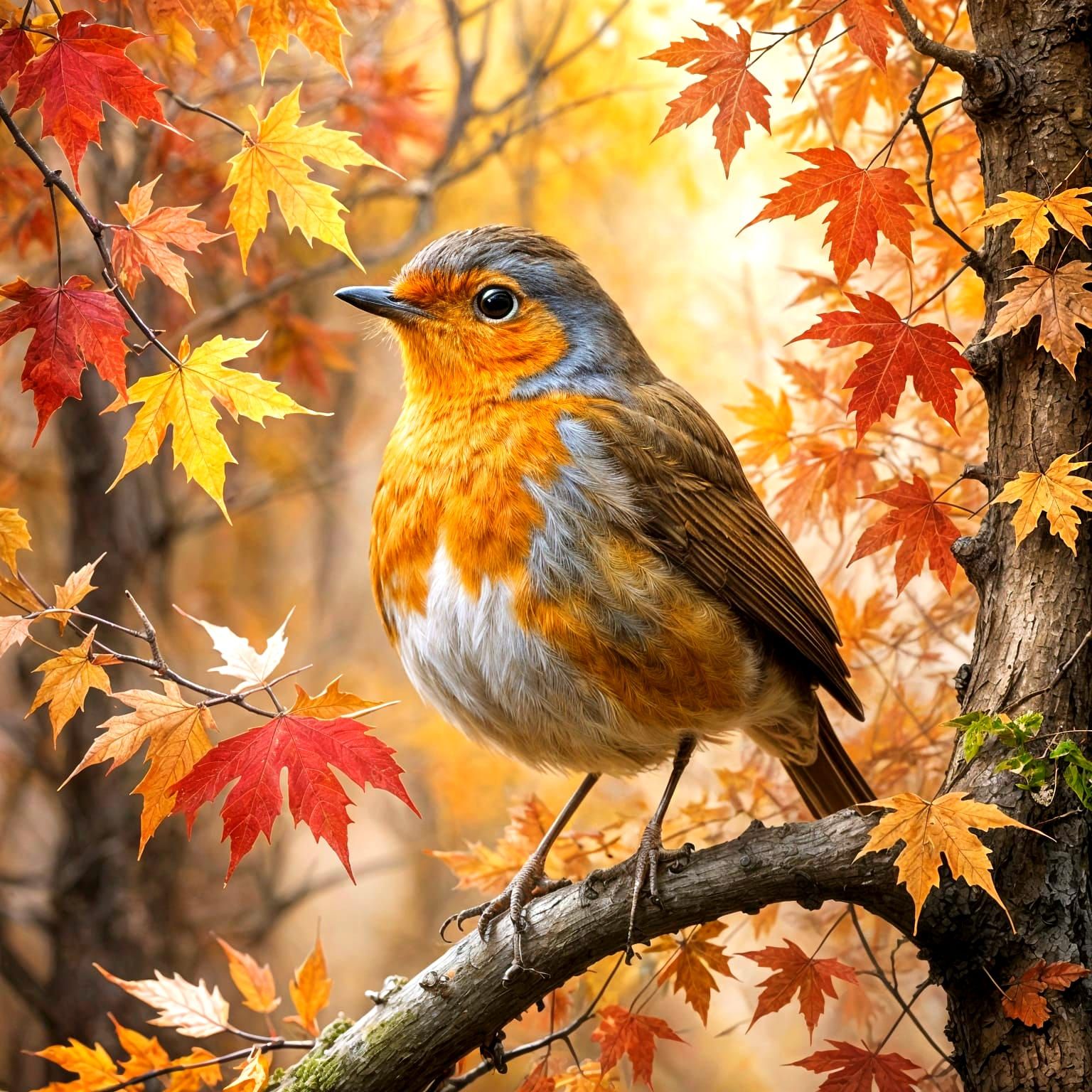 Golden Autumn Forest with Peaceful Robin in Watercolour Styl...