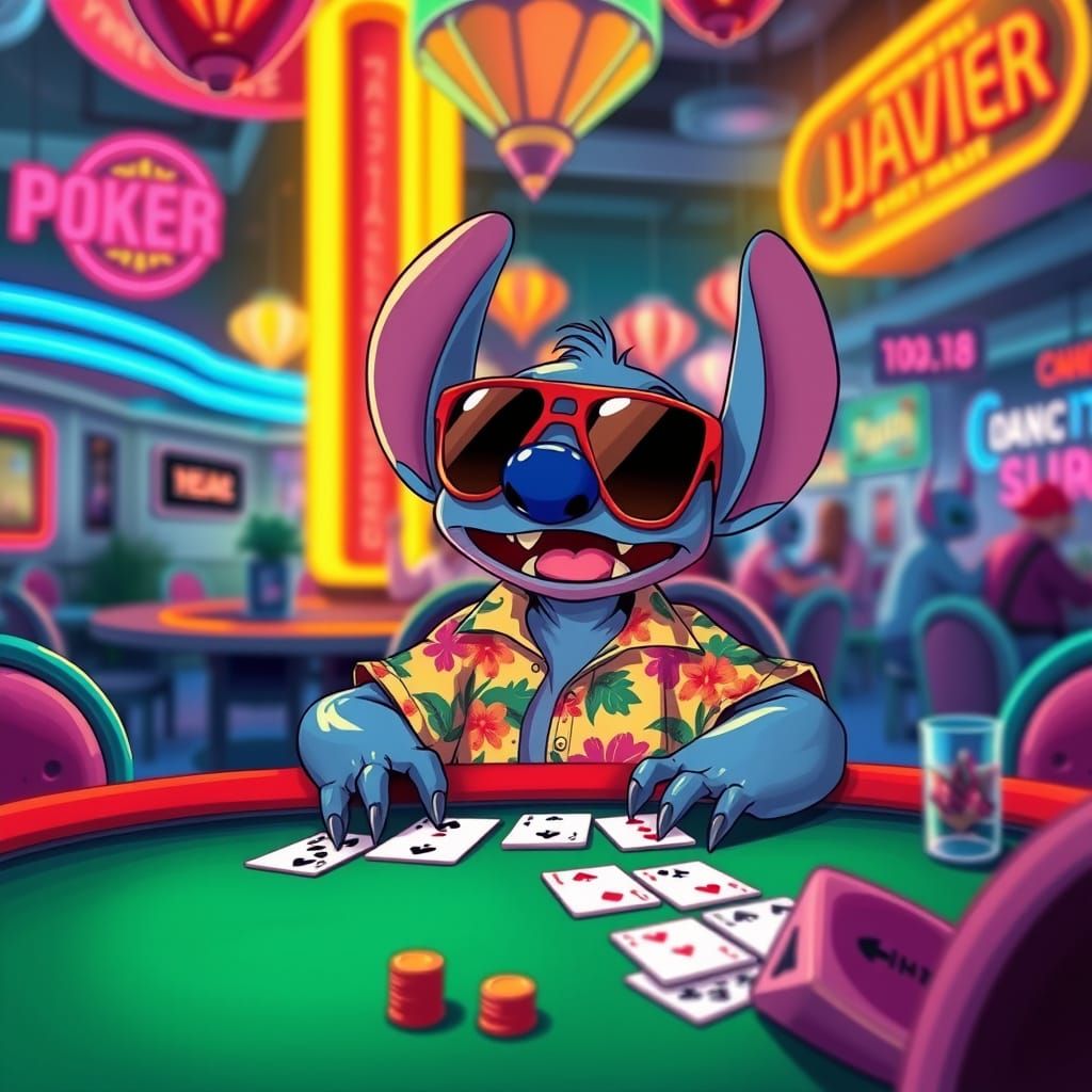Poker-Playing Stitch in Vibrant Vegas Style