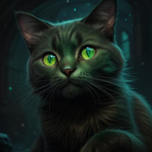 Cute Green-Eyed Cat: Detailed Fantasy Art