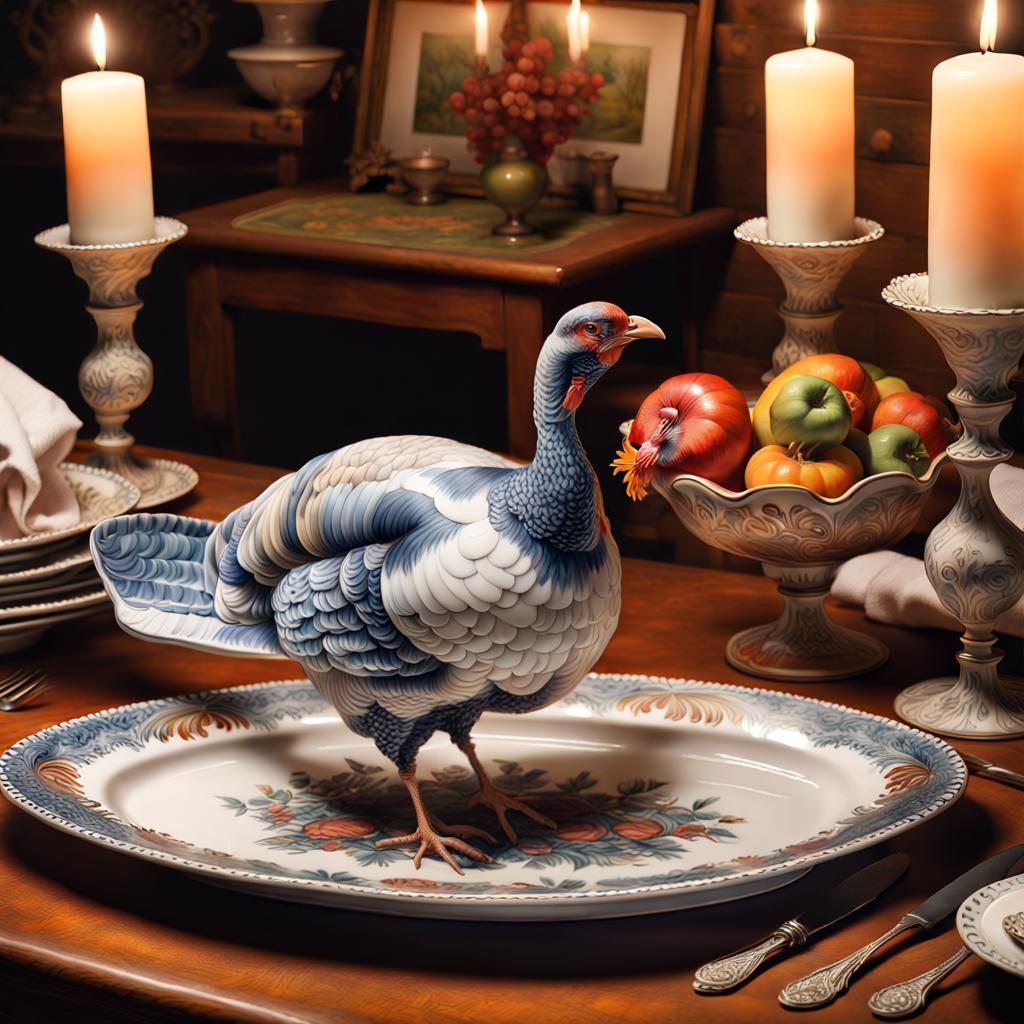 Hand-Painted Turkey on Vintage Porcelain Platter