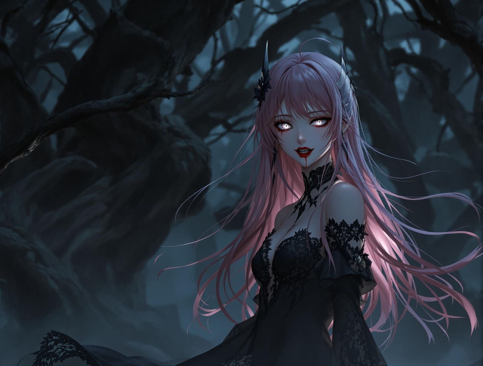 Ethereal Vampire Anime Girl in Dark Woods