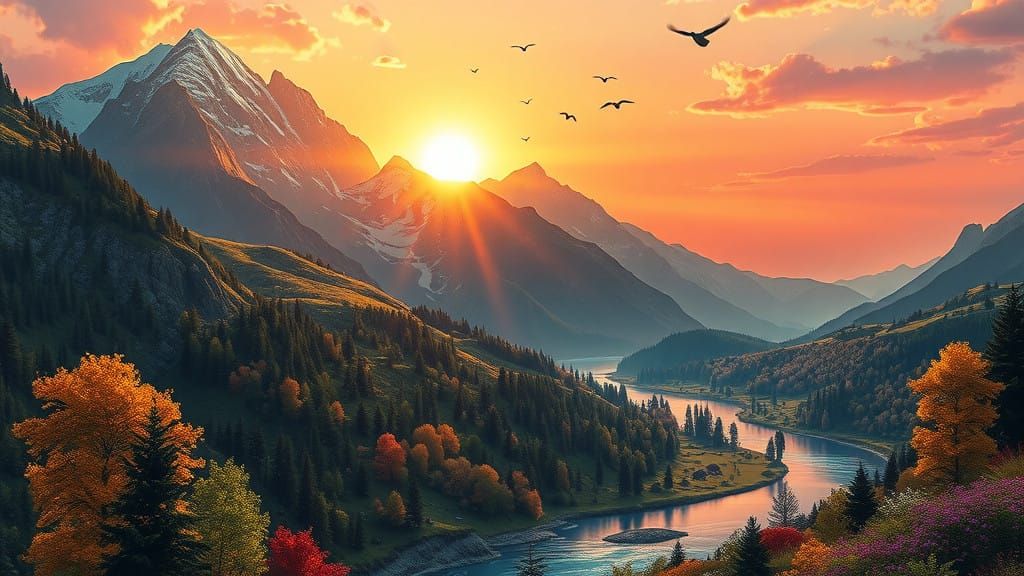 Sunset Over a Serene Valley Landscape