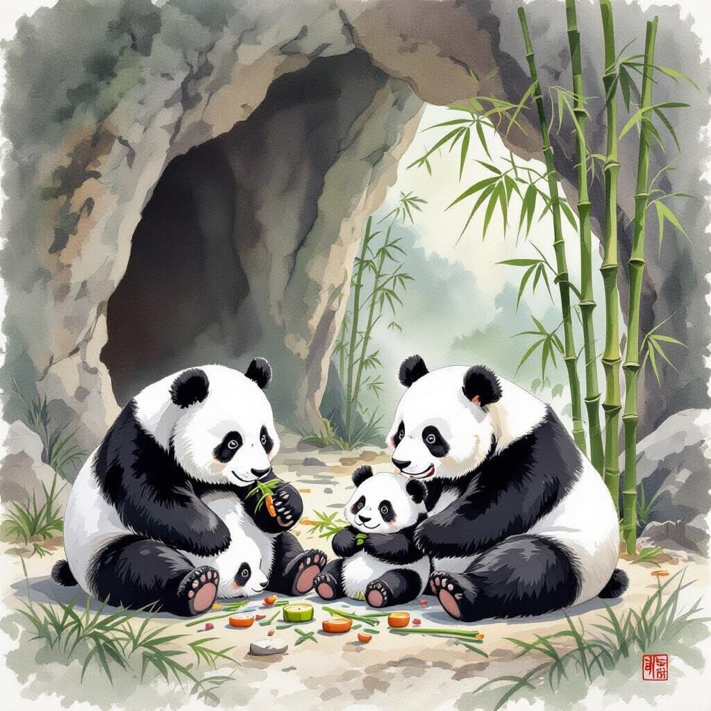 Pandas Playing in a Bamboo Forest Watercolor