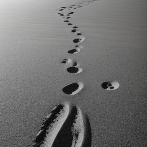 I noticed two sets of footprints in the sand; One belonged to me, and the other to the Lord. hyperdetailed charcoal draw...
