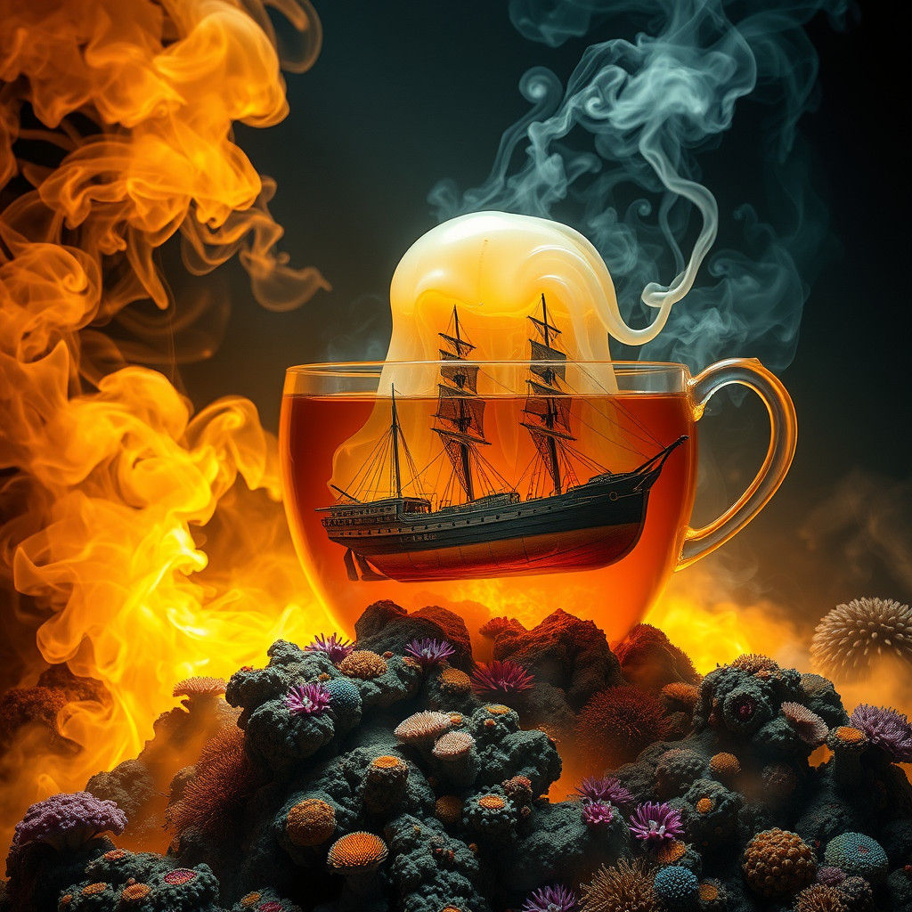 Surreal Biomechanical Entity in Teacup with Shipwreck