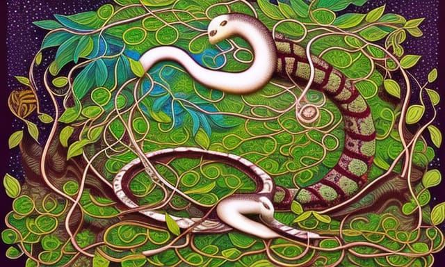 Surreal White Snake in Forest Coloring Book Style