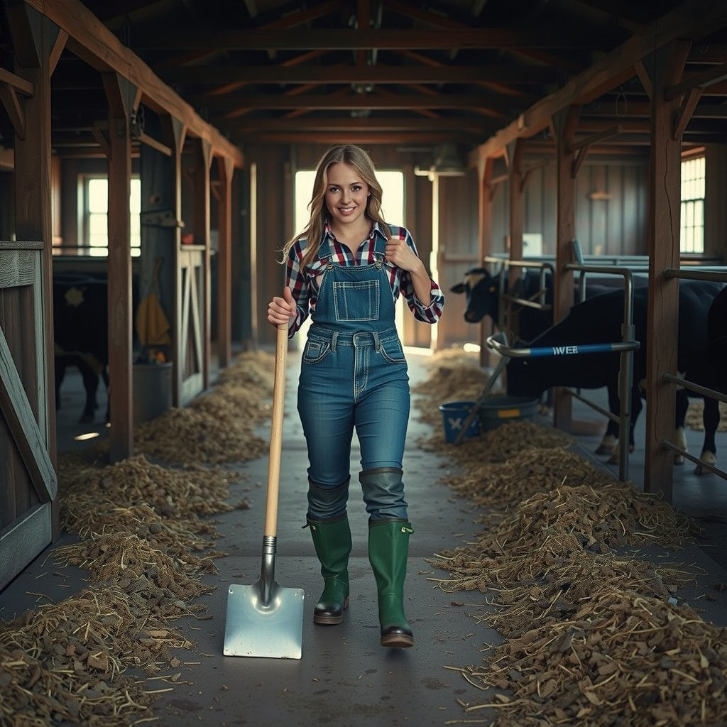 Rural Woman Tackles Barn Clean-Up with Hyperrealistic Detail