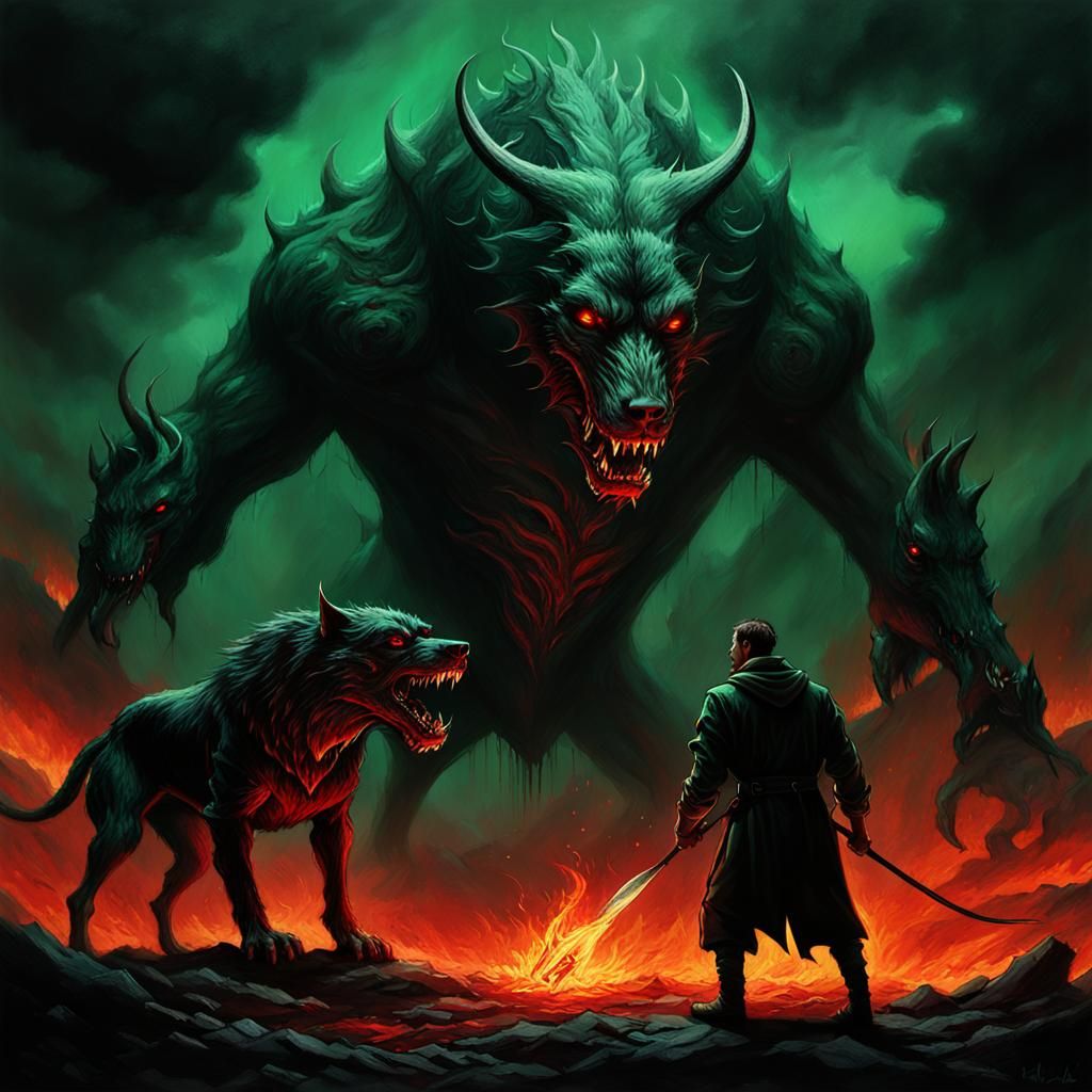 Hellhounds and Devil in Dark Fantasy Art