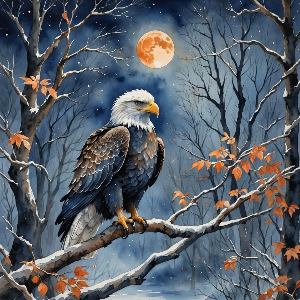 Eagle-like Creature in Moonlight, Watercolor Illustration