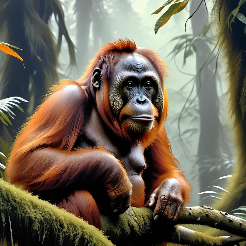 Curious Orangutan Portrait in Bierstadt Style