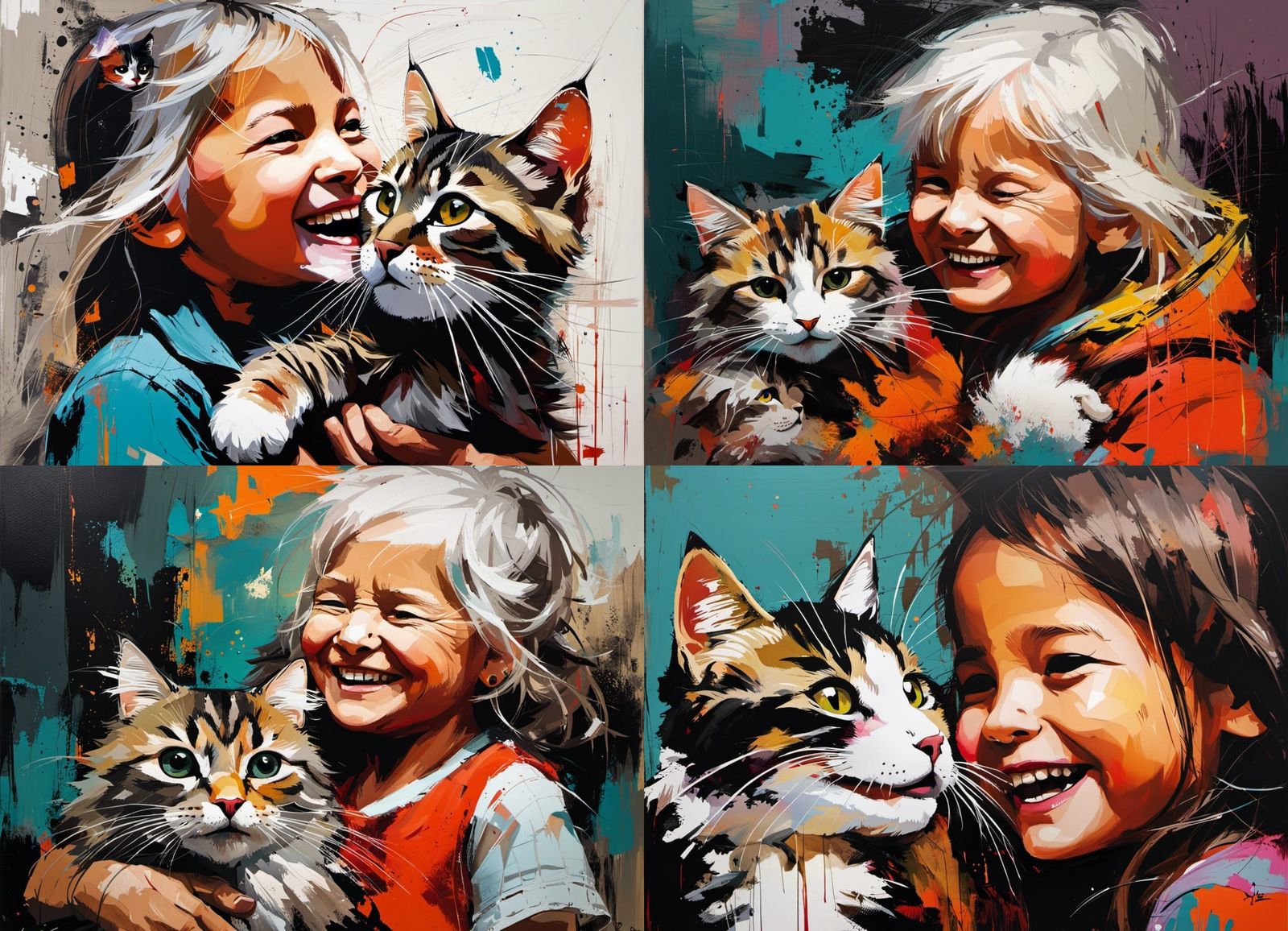 Joyful Grandmother, Granddaughter, and Cat Painting