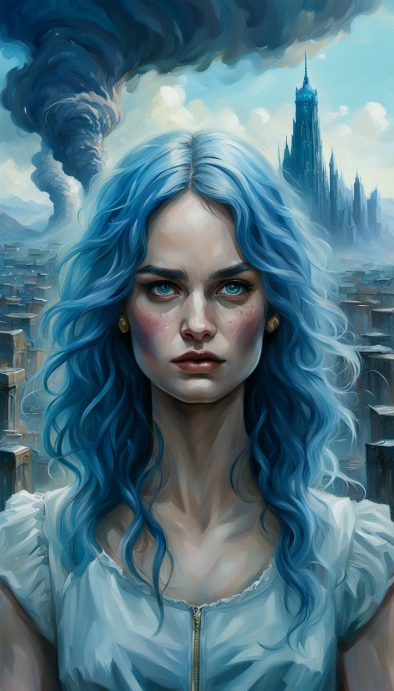 Blue-Haired Girl at World's End: Oil Painting