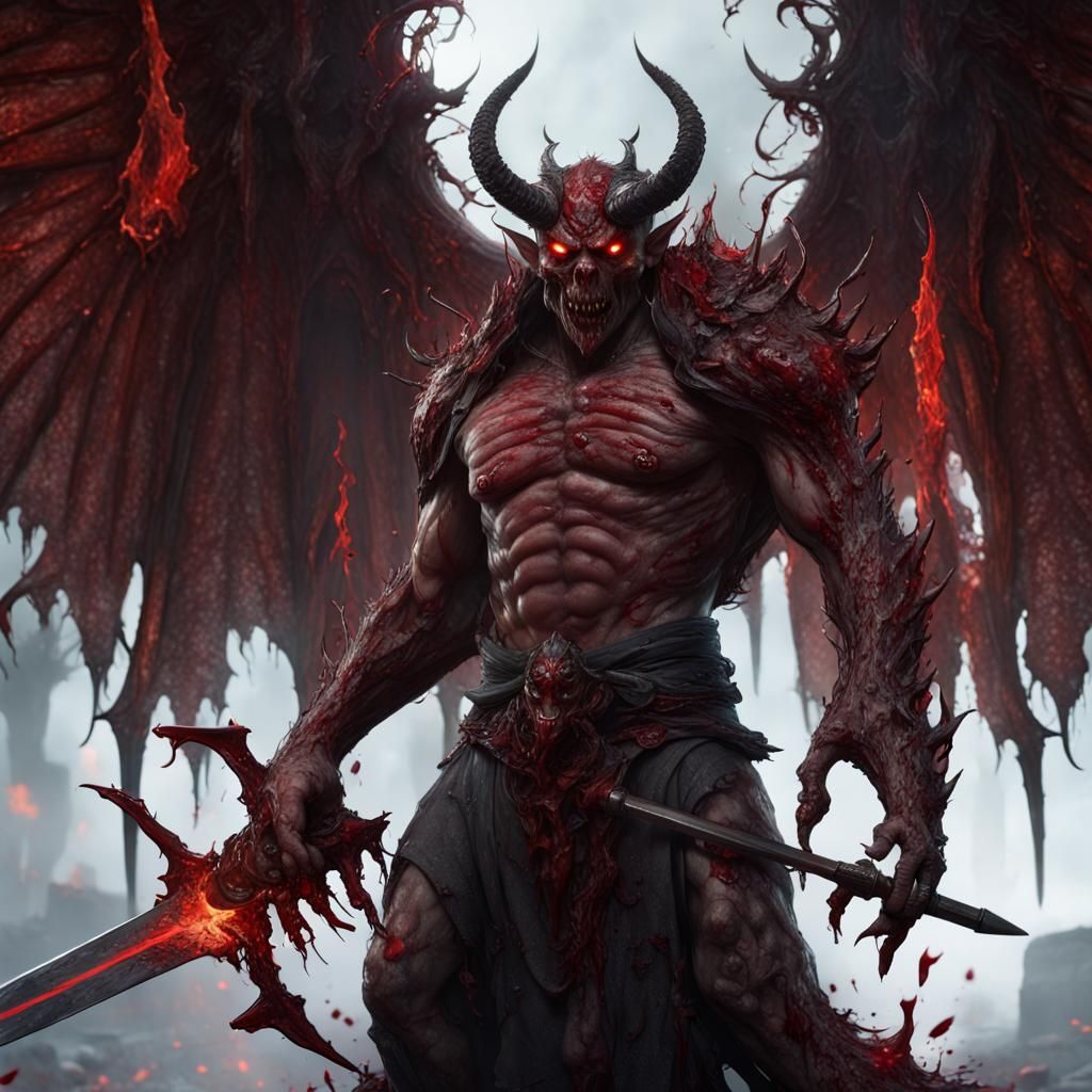 Terrifying Demon Warrior with Bloody Sword
