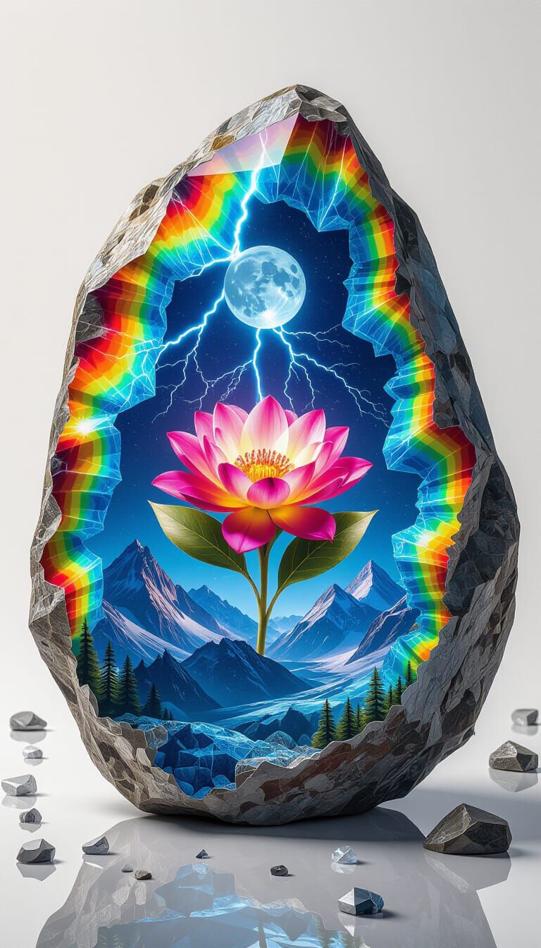 Luminous Geode with Rainbow Light and Blossoming Flower