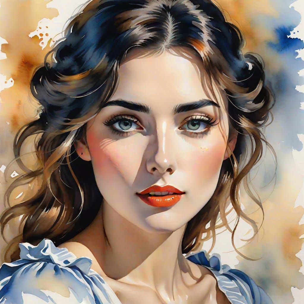 Italian Girl Portrait in Impressionist Watercolor Style