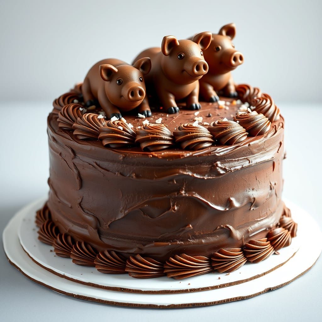 Chocolate Cake with Chocolate Pigs, Hyperrealistic Rendering