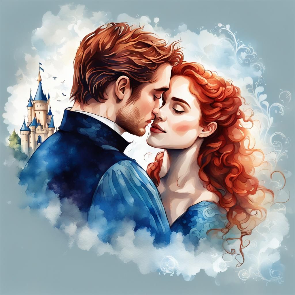 Romantic Castle Kiss in Baroque Watercolor Style