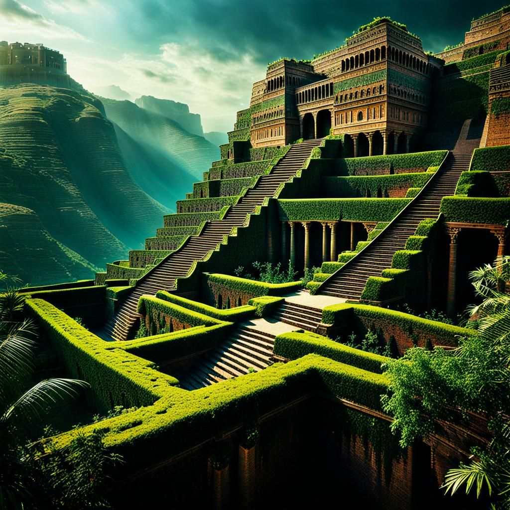 Babylon Hanging Gardens with Ziggurat: Hyperrealistic Photog...