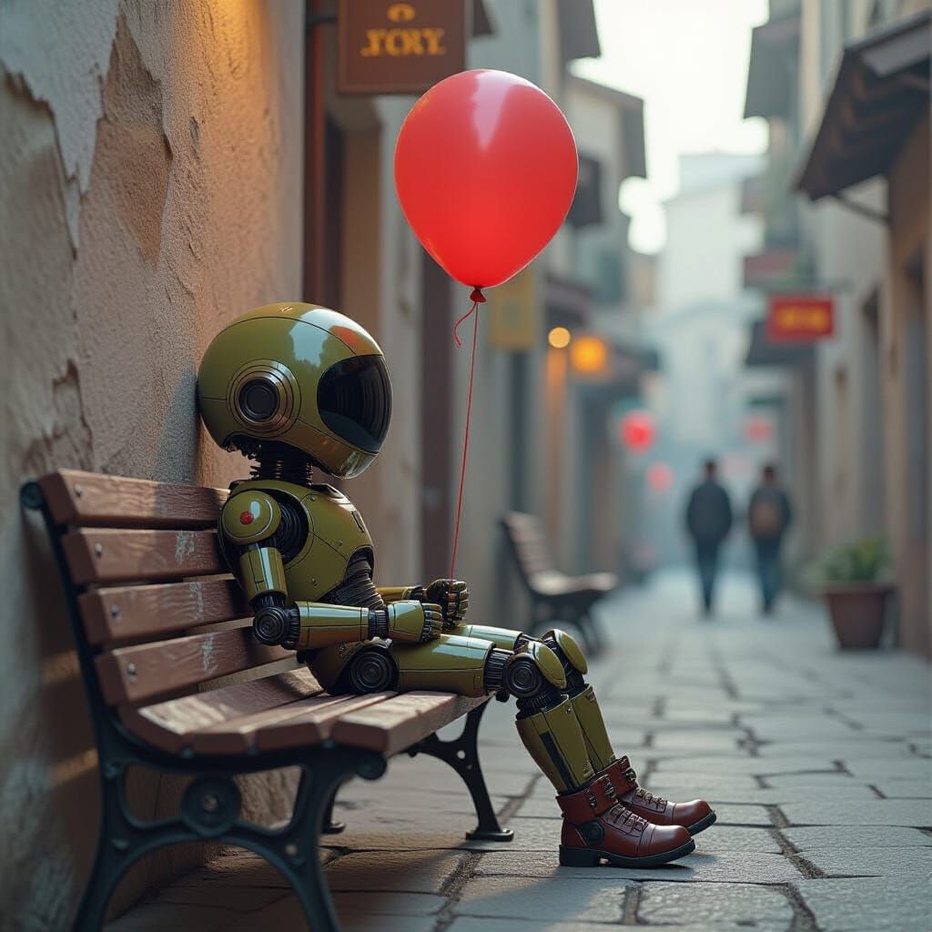 Biomechanical Child in Solarpunk City Alley, Digital Art