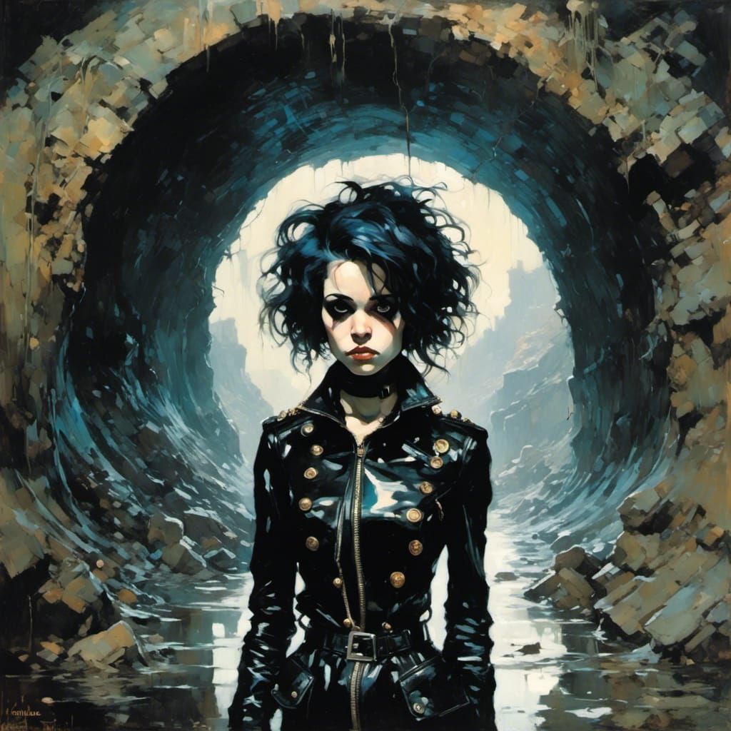 Goth Punk Girl Lost in Dark Tunnel