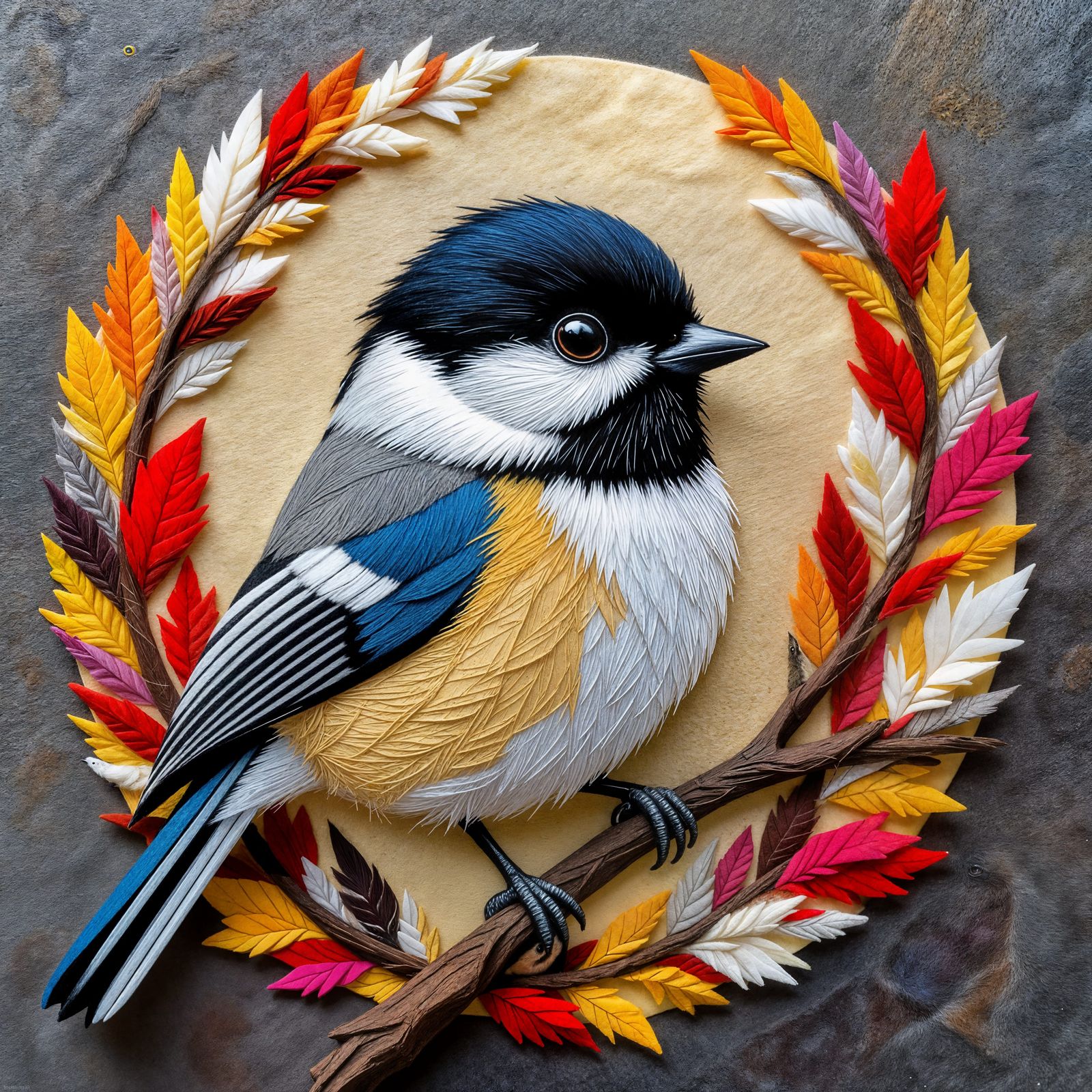 Vibrant Felt Chickadee in Photo-Realist Style