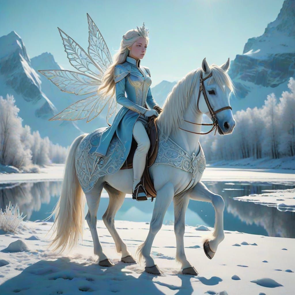 Winter Queen Fairy on Majestic White Horse