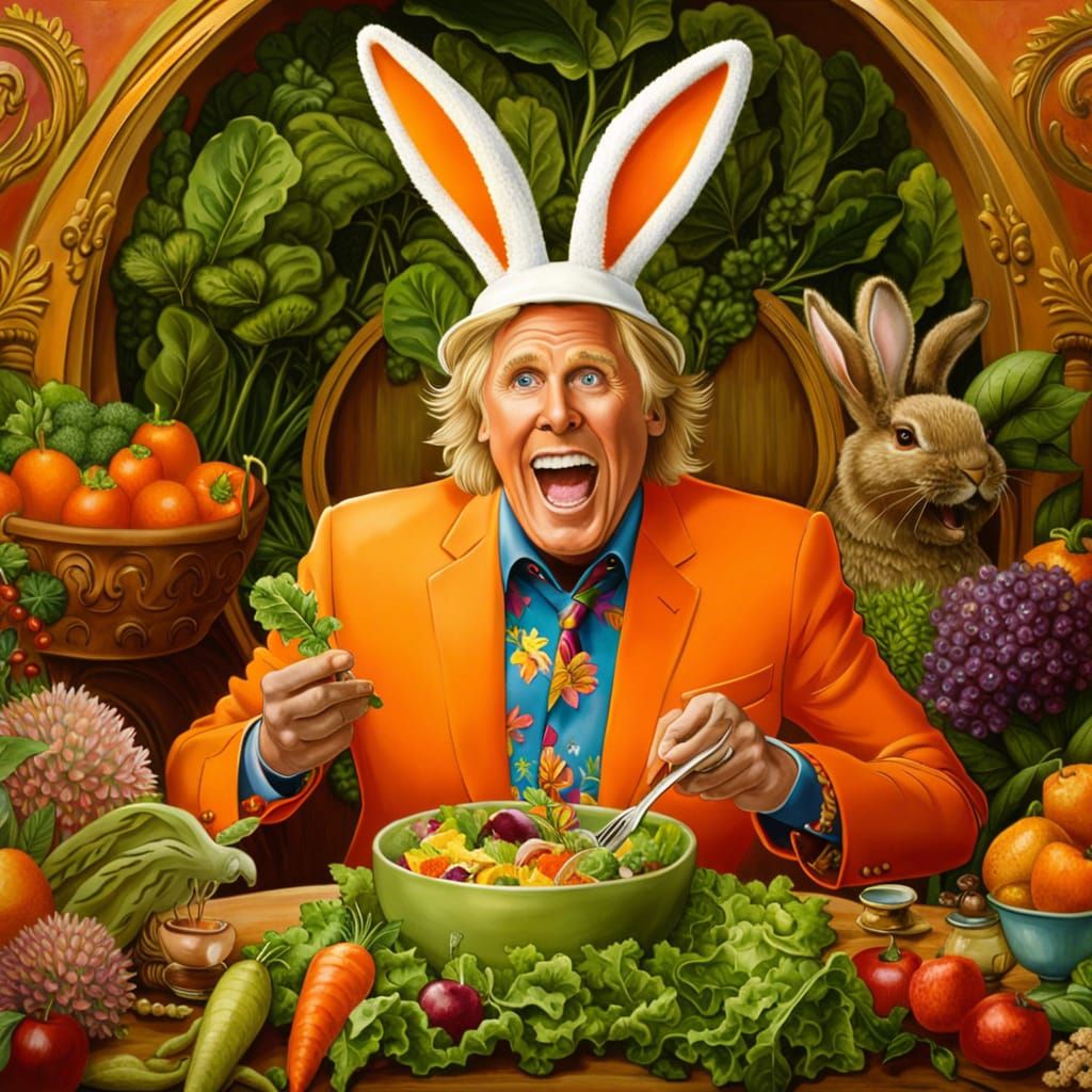 Eccentric Man in Bunny Costume Eating Salad