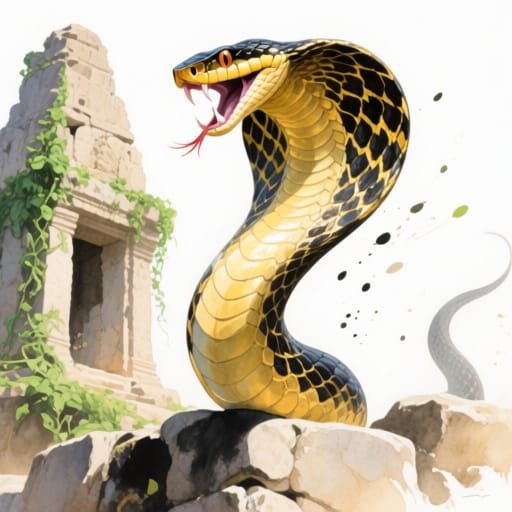 Majestic King Cobra Strikes from Vine-Covered Temple Ruins i...