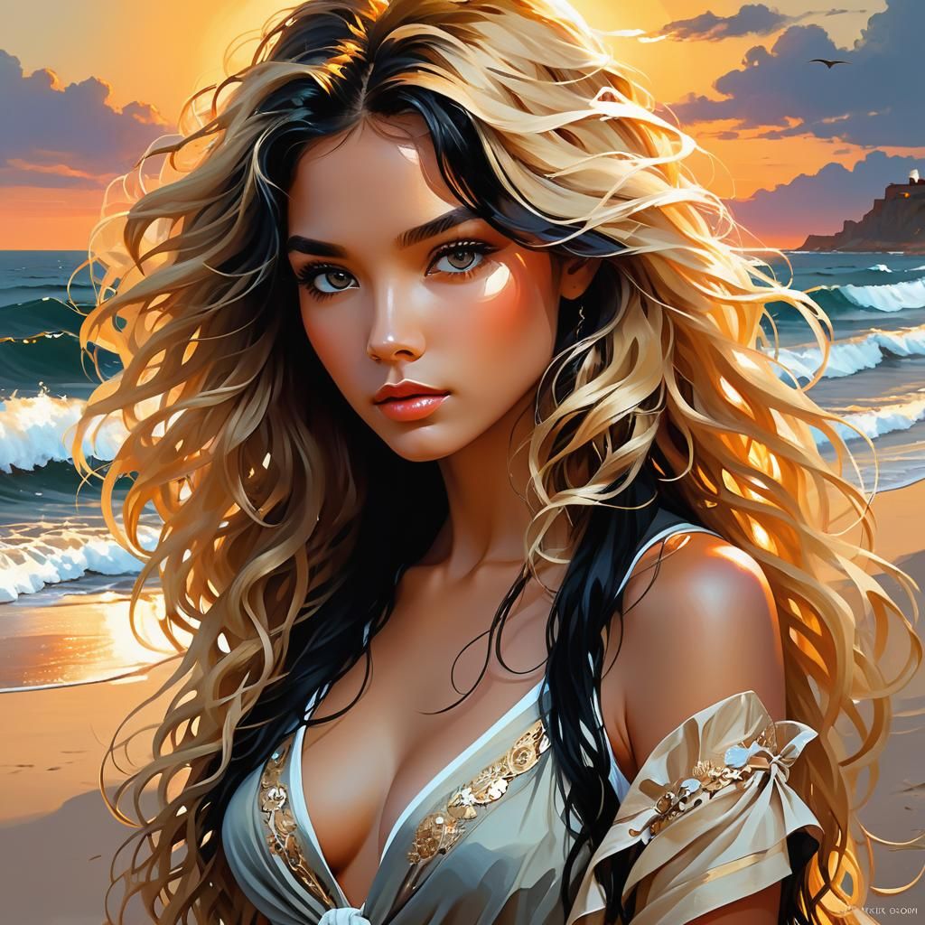 Palette Knife Oil Painting: Beautiful Woman on Beach