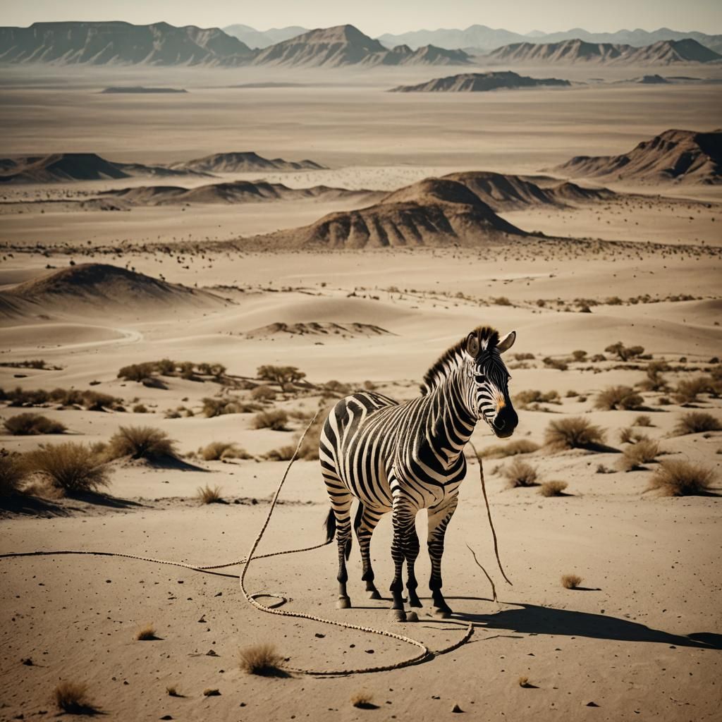 Gigantic Rope Zebra in Desert Landscape: Cinematic Still