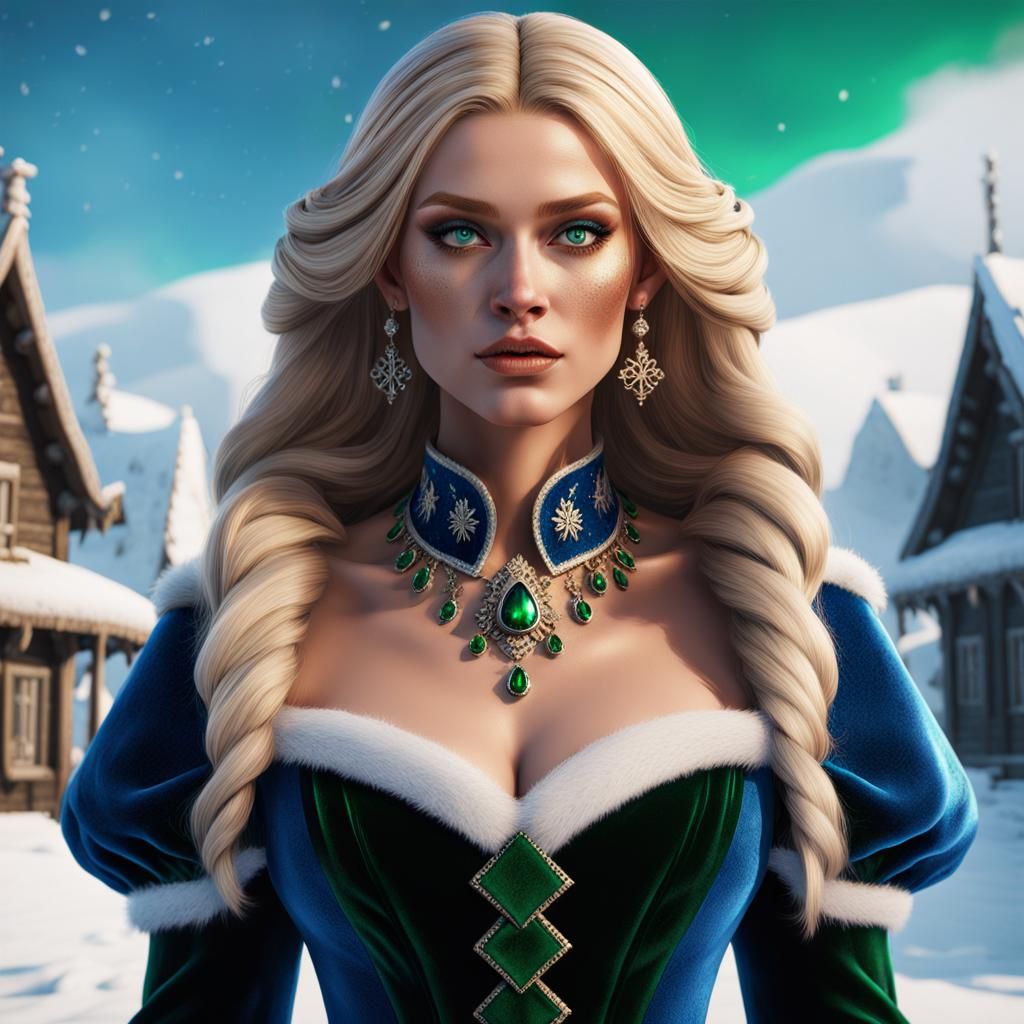 Blond Woman in Velvet Dress at the North Pole